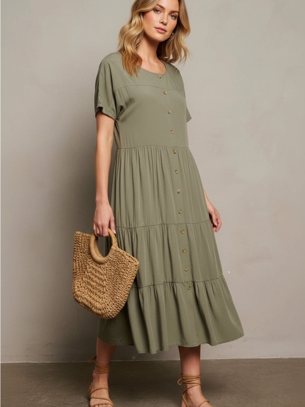 Olive Tiered Button-Front Midi Dress